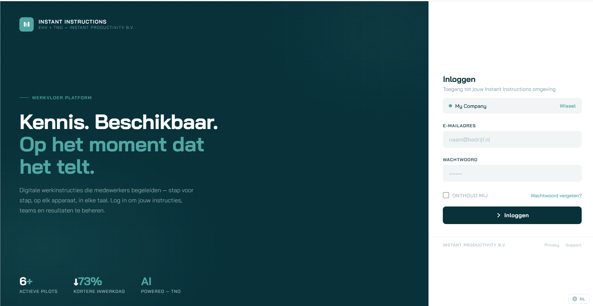 Instant Instructions loginomgeving met productpositionering